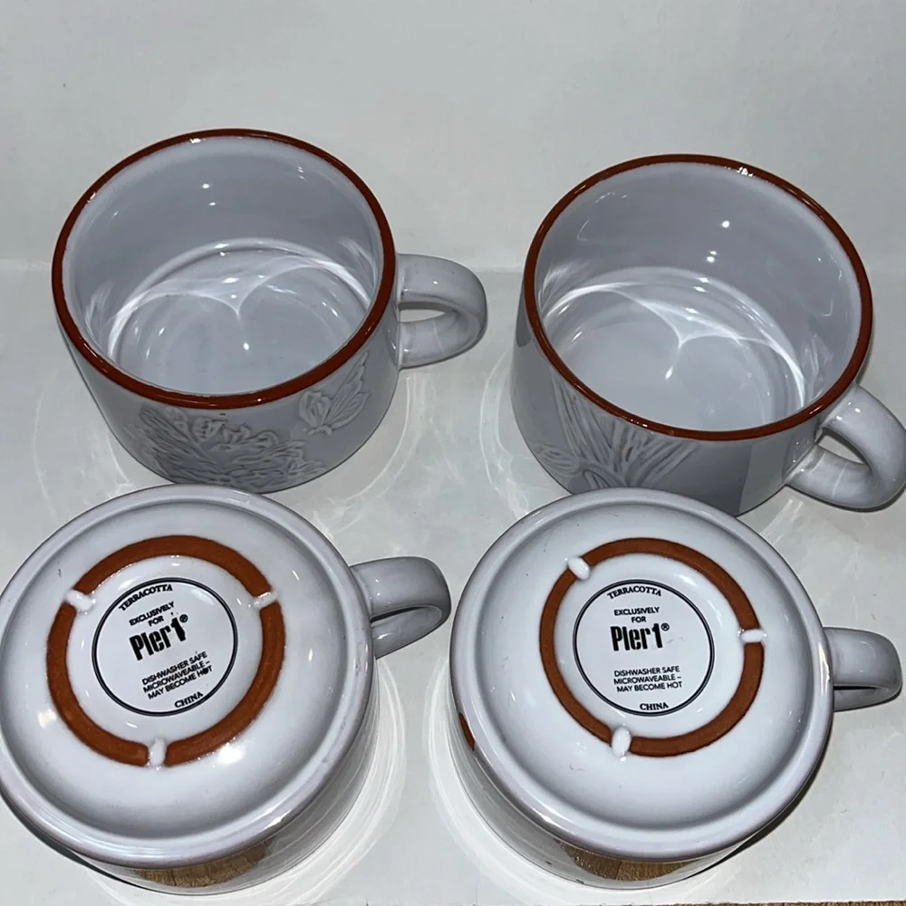 Pier 1 White Floral Embossed Glazed Terracotta Stacking Mugs with Stand